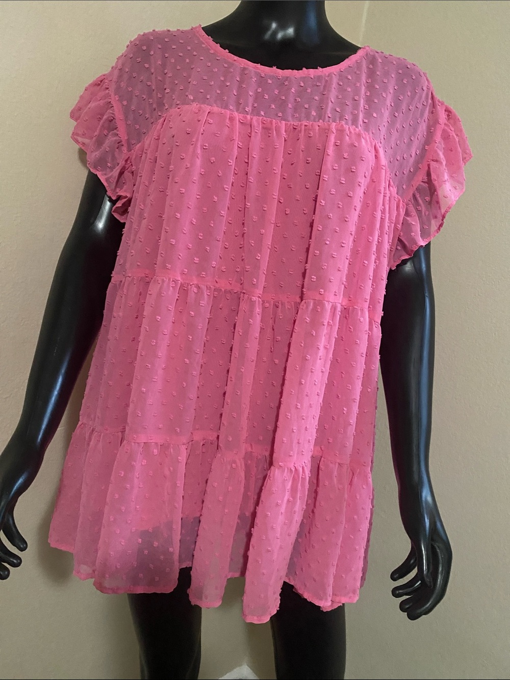 entro Pink Swiss Dot Tiered Chiffon Sheer Short Sleeve Blouse